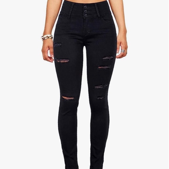 Denim - High Waisted  Distressed  Black Jeans